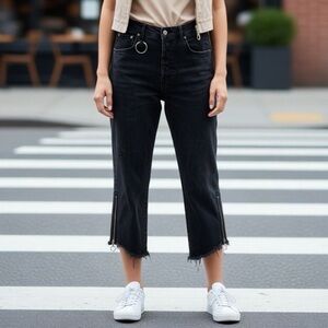 ZARA WOMAN Black Ankle Zip Distressed Premium Denim Cropped Relaxed Fit Jeans 10